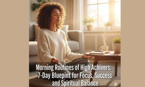 Morning Routines of High Achievers 7 Day Blueprint for Focus Success and Spiritual Balance Create a realistic 500x300px image that conveys energy focus and calm start of the day. Show a diver