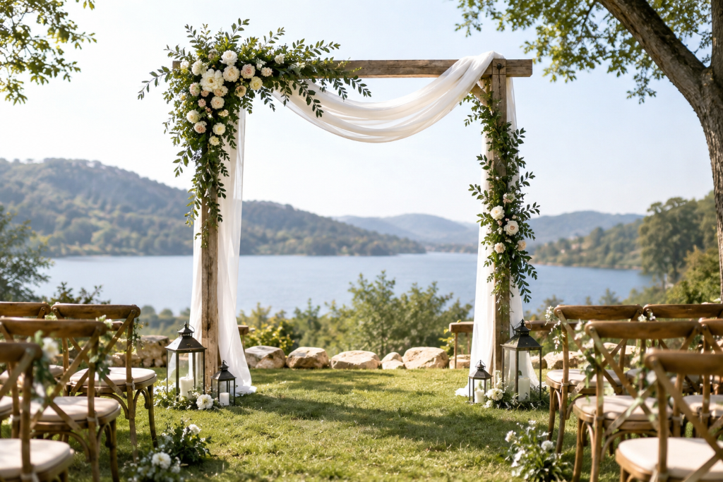Budget friendly wedding arch with greenery and simple flowers elegant outdoor ceremonyChatGPT Image Aug 6 2026 11 59 35 AM