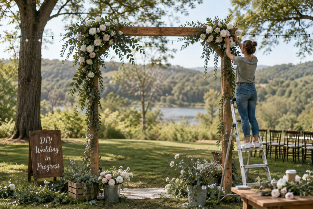 DIY wedding ceremony arch in progress with flowers and greeneryChatGPT Image Aug 6 2026 12 07 16 PM