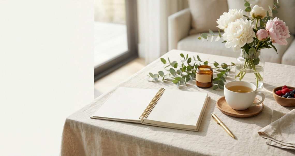 Size: 1200 × 628 pixels Aspect Ratio: 1.91:1 Prompt: Create a luxury lifestyle featured image for a blog post titled: "Simple Wellness Routines for Busy Women: Small Habits That Create a Healthier, More Peaceful Life" Style: Quiet Luxury • Organic Modern • Feminine Wellness • Faith-Inspired Lifestyle • Minimalist Elegance • Premium Editorial Photography Scene: Create a peaceful morning wellness scene featuring an elegant Gratitude & Grace Spiral Journal as the main focal point. Place a beautiful spiral journal notebook on a soft linen-covered natural wood table in a bright, calming home environment. Include thoughtful wellness elements: Open gratitude journal with blank pages Elegant pen Fresh white flowers or peonies Eucalyptus greenery Ceramic tea cup Healthy breakfast elements such as fresh fruit or herbal tea Small candle Soft linen textures Natural wood accents Mood: The image should communicate simple daily wellness routines, gratitude, self-care, balance, peace, and intentional living. Create the feeling of a woman beginning her day with calm moments of reflection and healthy habits. Color Palette: Warm ivory, cream, beige, soft sage green, muted blush, natural wood, and subtle gold accents. Composition: Make the Gratitude & Grace Spiral Journal the hero element. Show the spiral binding naturally. Leave clean negative space on the left side for blog title text. Use soft morning sunlight. Create a high-end wellness magazine aesthetic. Make the scene warm, inviting, and inspirational. Important Requirements: No people No hands No logos No brand names No readable text on journal pages No product mockup No 3D rendering No clutter No overly staged appearance Professional editorial quality Optimized for WordPress featured image and Pinterest Image Text Area (do not add text): Reserve space for: Simple Wellness Routines for Busy Women Small Habits for a Healthier, More Peaceful Life SEO Image Alt Text: Gratitude and Grace Wellness Journal with peaceful self-care elements representing simple wellness routines, healthy habits, and intentional living for busy women