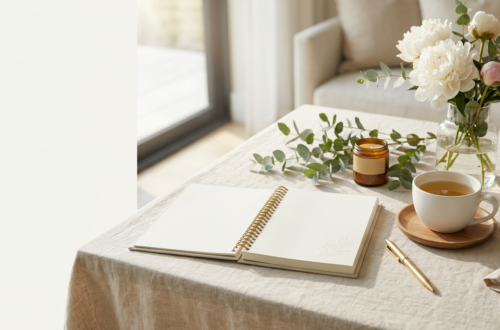Size: 1200 × 628 pixels Aspect Ratio: 1.91:1 Prompt: Create a luxury lifestyle featured image for a blog post titled: "Simple Wellness Routines for Busy Women: Small Habits That Create a Healthier, More Peaceful Life" Style: Quiet Luxury • Organic Modern • Feminine Wellness • Faith-Inspired Lifestyle • Minimalist Elegance • Premium Editorial Photography Scene: Create a peaceful morning wellness scene featuring an elegant Gratitude & Grace Spiral Journal as the main focal point. Place a beautiful spiral journal notebook on a soft linen-covered natural wood table in a bright, calming home environment. Include thoughtful wellness elements: Open gratitude journal with blank pages Elegant pen Fresh white flowers or peonies Eucalyptus greenery Ceramic tea cup Healthy breakfast elements such as fresh fruit or herbal tea Small candle Soft linen textures Natural wood accents Mood: The image should communicate simple daily wellness routines, gratitude, self-care, balance, peace, and intentional living. Create the feeling of a woman beginning her day with calm moments of reflection and healthy habits. Color Palette: Warm ivory, cream, beige, soft sage green, muted blush, natural wood, and subtle gold accents. Composition: Make the Gratitude & Grace Spiral Journal the hero element. Show the spiral binding naturally. Leave clean negative space on the left side for blog title text. Use soft morning sunlight. Create a high-end wellness magazine aesthetic. Make the scene warm, inviting, and inspirational. Important Requirements: No people No hands No logos No brand names No readable text on journal pages No product mockup No 3D rendering No clutter No overly staged appearance Professional editorial quality Optimized for WordPress featured image and Pinterest Image Text Area (do not add text): Reserve space for: Simple Wellness Routines for Busy Women Small Habits for a Healthier, More Peaceful Life SEO Image Alt Text: Gratitude and Grace Wellness Journal with peaceful self-care elements representing simple wellness routines, healthy habits, and intentional living for busy women