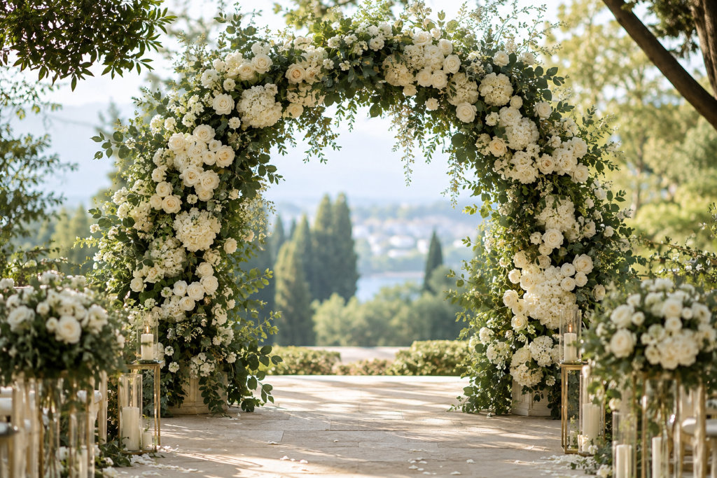 Luxurious Floral ceremony arch with ivoryChatGPT Image Aug 7 2026 11 07 13 AM