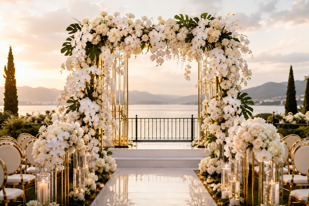 Luxury wedding ceremony arch with orchids and lush floral installation upscale wedding setting size 1024x683pxChatGPT Image Aug 6 2026 11 51 37 AM