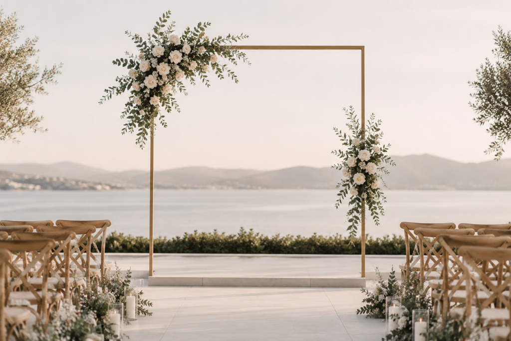 Minimalist wedding arch with simple floral accent and clean linesChatGPT Image Aug 6 2026 11 38 15 AM