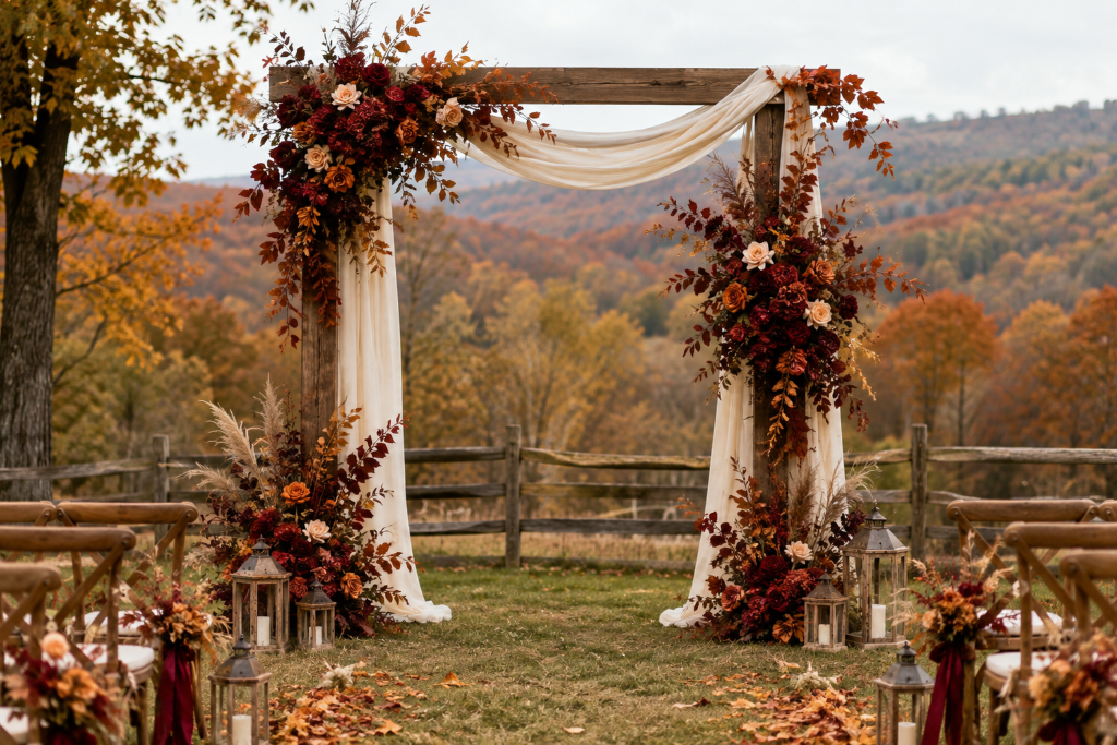 Fall wedding ceremony arch with burgundy and rust flowers, rustic