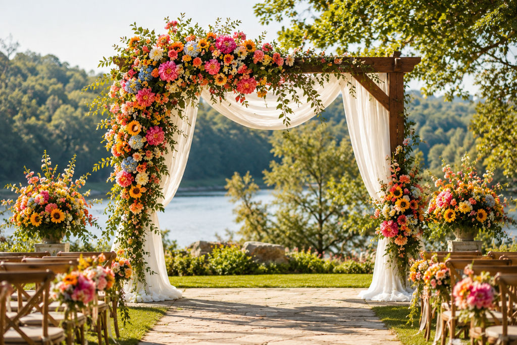 Summer wedding ceremony arch with vibrant flowers oChatGPT Image Aug 6 2026 11 01 11 AM