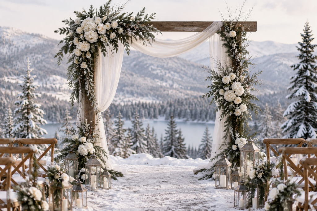 Winter wedding ceremony arch with white flowers and evergreen branches elegant winter weddingChatGPT Image Aug 6 2026 11 22 15 AM 1