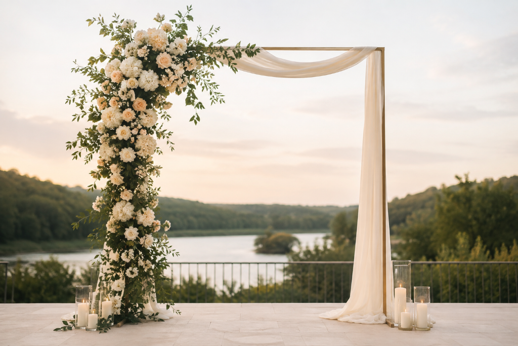 create Image Asymmetrical wedding arch with flowers concentrated on one side modern romantic wedding aesthetic size 1024x683pxcChatGPT Image Aug 6 2026 10 50 38 AM