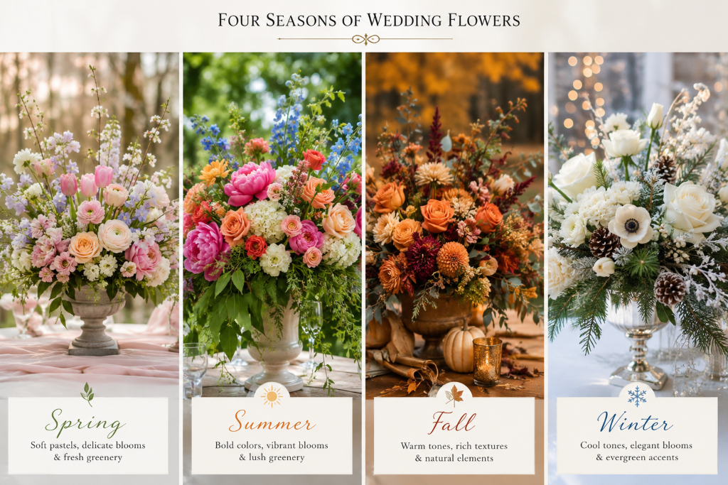 four seasonal wedding flower arrangementsChatGPT Image Aug 7 2026 10 53 49 AM